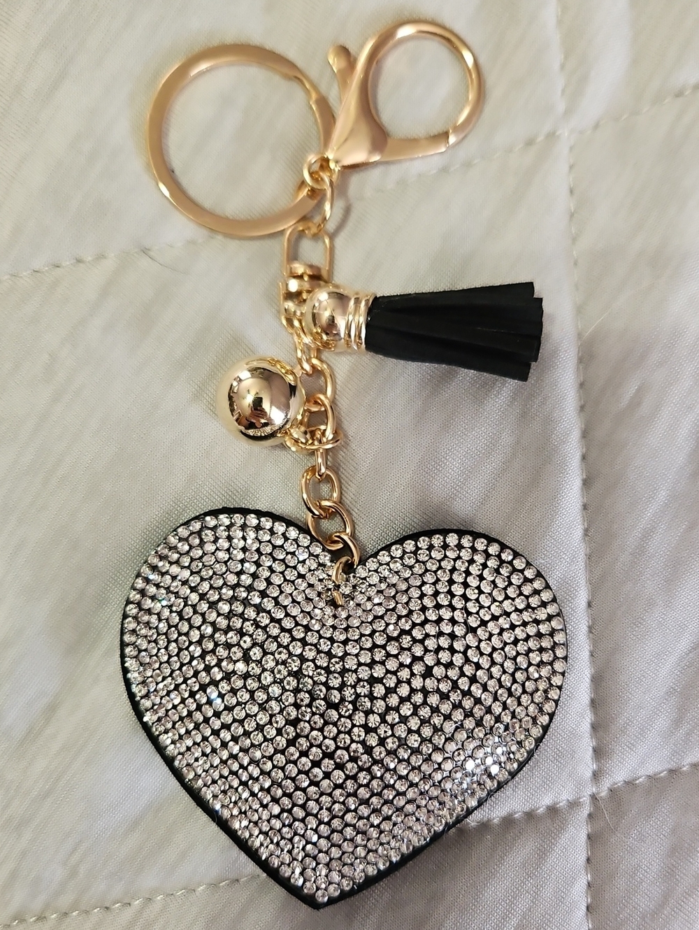 Rhinestone Heart Keychain with Gold Hardware and Black Tassel